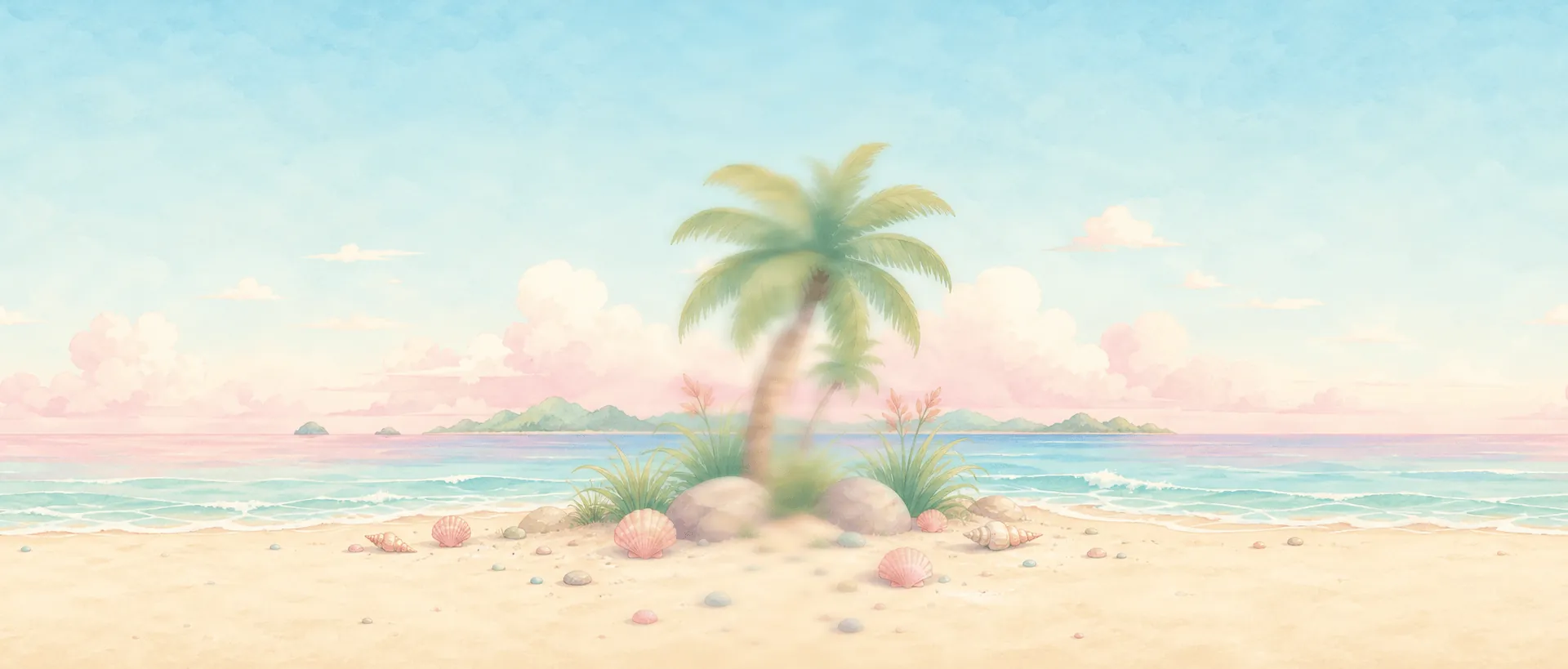 A pastel cove with calm sea and a palm