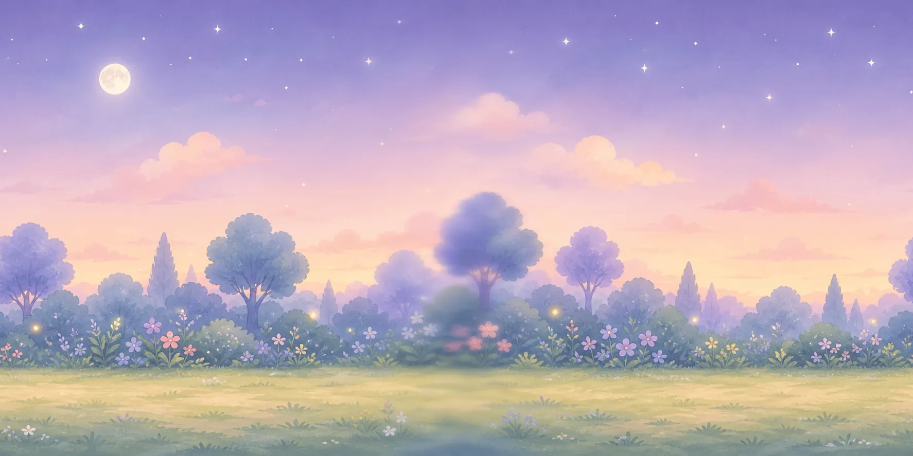 A lavender twilight glade under a rising moon